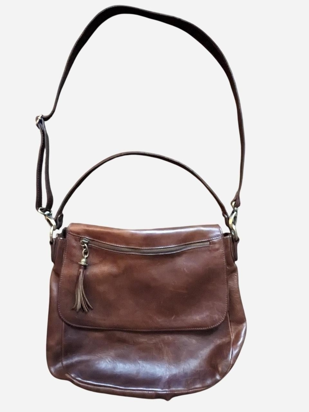 vintage handcrafted dark brown italian fine leather bag with brass hardware
